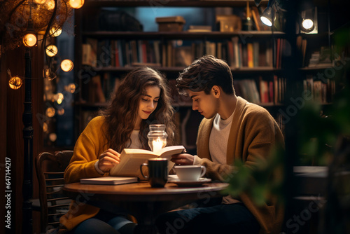 young couple sipping coffee and reading books together in a charming cafe. AI generated