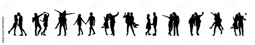 Couple silhouettes in row isolated white background vector collection.