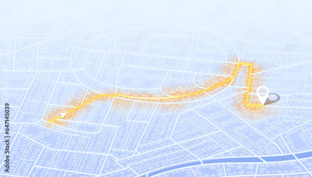 Isometric. The path marked on the map to the designated point. View from above the map buildings. City top view. Quarter residential buildings. Cute simple design. Abstract background Vector Isometric. The path marked on the map to the designated point. View from above the map buildings. City top view. Quarter residential buildings. Cute simple design. Abstract background Vector