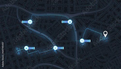 Main road throughout map. Navigation mapping technology for obtaining data on distance and turns of the path. The path from a point to the intended goal, many destinations, signs Vector, illustration.