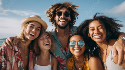 Young multicultural people in beach laughing against tropical beach © amila