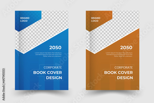 Simple corporate book cover design template with blue and orange background. 