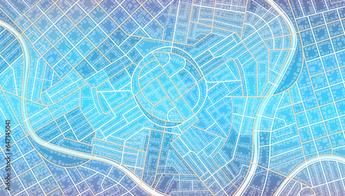View from above the map buildings. Navigate mapping technology for distance data, path turns. Abstract map with unique lines, geometric patterns background. , Vector, illustration design streetmap.