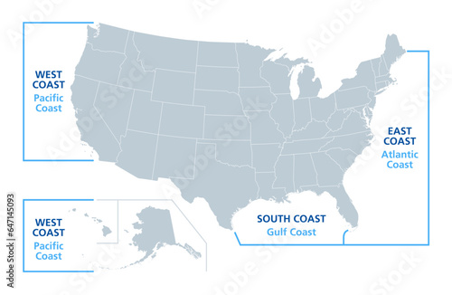 The coasts of the United States, political map. Coastlines of the West or Pacific Coast with Hawaii and Alaska, the South or Gulf Coast with states at Gulf of Mexico, and the East or Atlantic Coast.