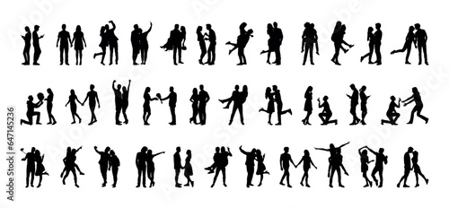 Couple in different poses silhouette set collection. Collection of romantic couple with various poses silhouettes set.