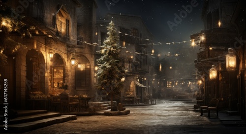 Festive Christmas night: Snowy village scene with illuminated houses , Christmas trees with snowy town and holiday decorations. - Used for Christmas holidays.