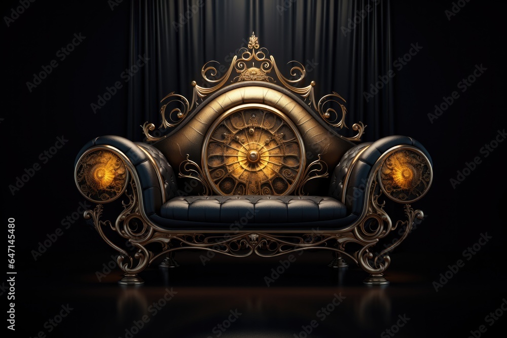 Gold Steampunk Sofa On Black Smoky Background