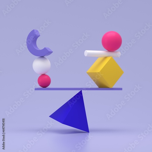 Various geometric shapes balancing on top of pyramid.