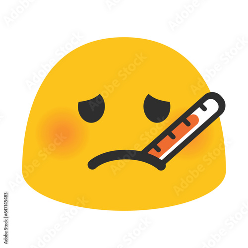 Vector yellow emoji face with raised or furrowed eyebrows and a thermometer in its mouth. Isolated hospital, patient,cold, flu sign design.