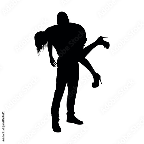 Man carrying woman over his shoulder vector silhouette.