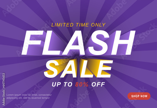 Sale banner template design with rayson a purple background. Flash sale special up to 80 percent off. End of season special offer banner. Vector illustration. photo
