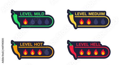 Chili pepper spicy food level icon collection, mild, medium hot and hell level. Hot spicy level vector labels of spice food and sauce taste scale. Spice taste fastfood labels. Vector illustration
