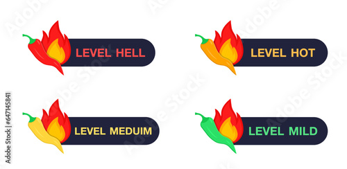 Hot pepper scale with mild, medium, hot and hell positions. Red chili pepper, cayenne, jalapeno, habanero with fire flames and mild green, spicy yellow, hot orange, extra red rating indicators. Vector