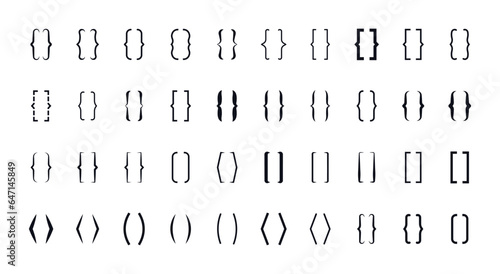 Set of text brackets. Quote box frame. Vintage typography symbol. Text brackets collection for messages, quotas. Quote. Brackets curly simple different shapes. Line frame for text. Vector illustration