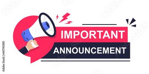 Hand holds megaphone - an important announcement. Warning Megaphone Tag. Banner for business, marketing and advertising. Megaphone with an important speech. Speaker. Vector