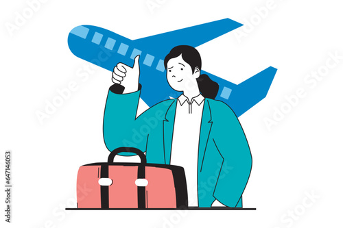 Travel vacation concept with people scene in flat web design. Woman with suitcase luggage go in summer tour and flying by airplane. Vector illustration for social media banner, marketing material.