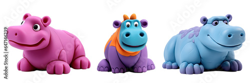 Funny hippos shaped from plasticine, different versions, cartoon, isolated