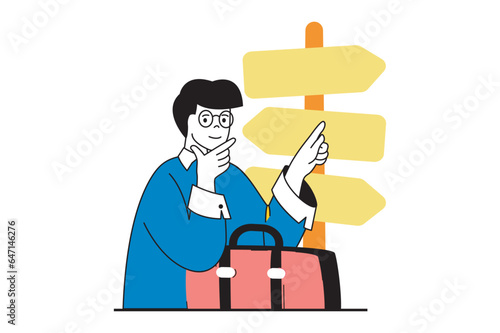 Travel vacation concept with people scene in flat web design. Man with traveller bag go in trip and choosing destination at signpost. Vector illustration for social media banner, marketing material.