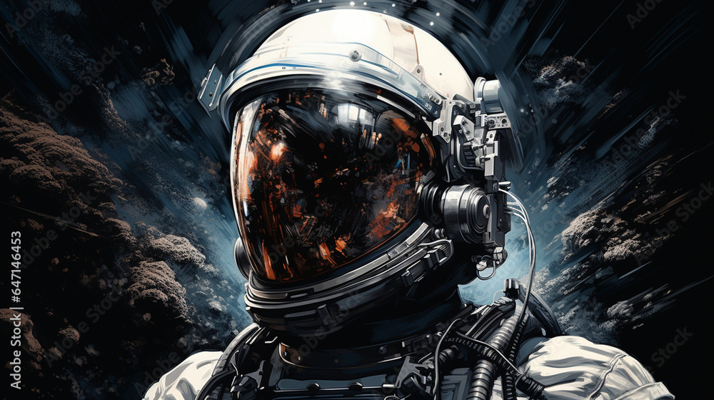 Naklejka premium A stunningly detailed drawing of an astronaut, their visor reflecting Earth, showcasing the wonder of space exploration