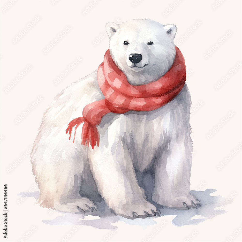 Cartoon white bear with the red stiped scarf isolated Cartoon white bear with the red stiped scarf isolated