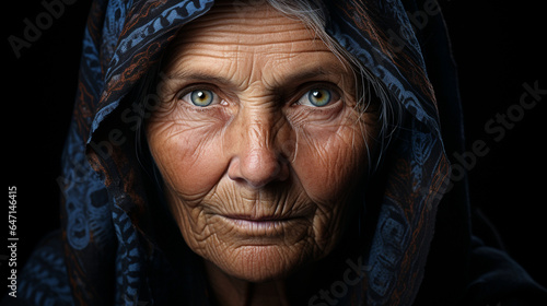 A contemplative portrait of an elderly woman, her face etched with a lifetime of experiences and wisdom photo