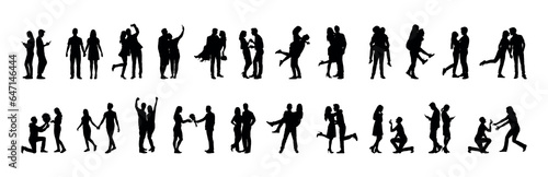 Romantic couple in various poses silhouettes collection set. Couple falling in love different poses isolated on white background silhouette set.