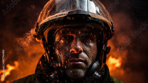 A dynamic portrait of a firefighter in action, the intensity of the flames mirrored in their determined eyes