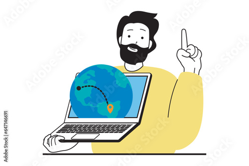 Travel vacation concept with people scene in flat web design. Man planning trip route with flights between locations at global map. Vector illustration for social media banner, marketing material.