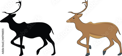 Black silhouettes of wild deer and roe deer walking on white background