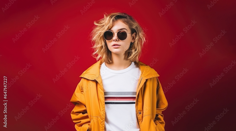 Generative AI, stylish fashionable teenager with a trendy hairstyle on a colored background, beautiful girl, youth, student, party, new generation, zoomer, space for text Generative AI, stylish fashionable teenager with a trendy hairstyle on a colored background, beautiful girl, youth, student, party, new generation, zoomer, space for text