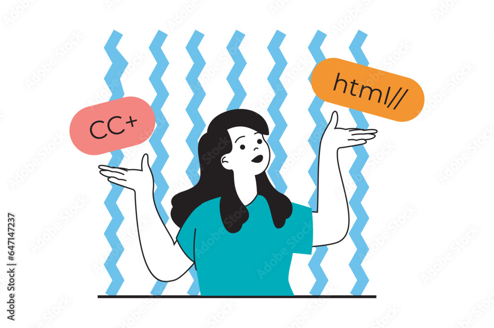 Web development concept with people scene in flat design. Woman coding ...