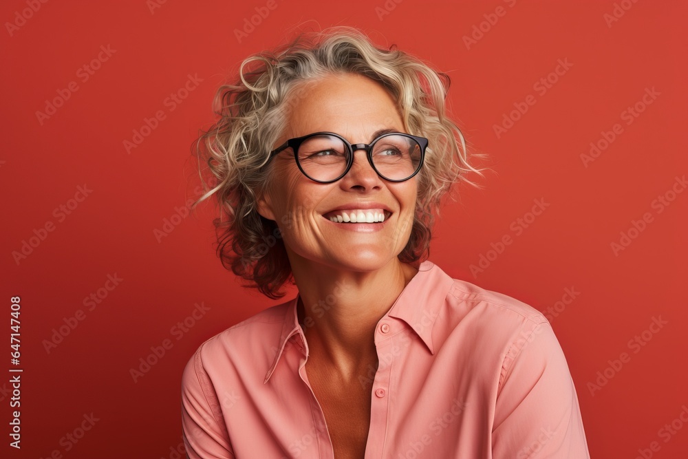 Portrait of happy mature woman in eyeglasses on red background - obrazy, fototapety, plakaty 
