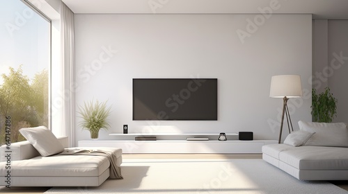 Modern minimalist living room with TV and beige sofa. © inthasone
