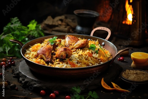 Macro Photo Chicken Biryani On Stone Rustic Pub