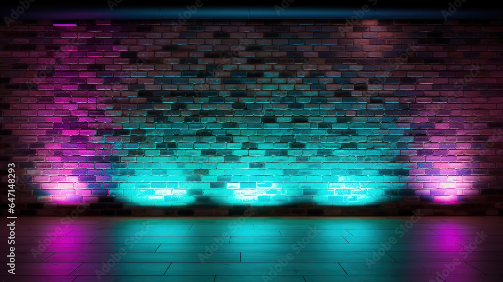 Background of an empty room with brick walls and neon lights iridescent Background of an empty room with brick walls and neon lights iridescent