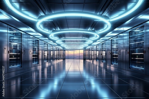 In a 3D rendering  server racks convey the big data cloud computing concept