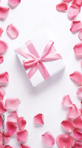 Wallpaper Mural Valentine's Day white background with pink petals rose with gift box top view lay flat Torontodigital.ca