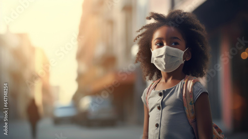 Girl in a medical mask on a blurred street background