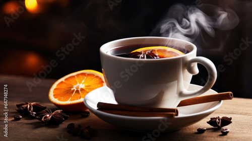 A cup of steaming hot mulled wine with cinnamon sticks and oranges