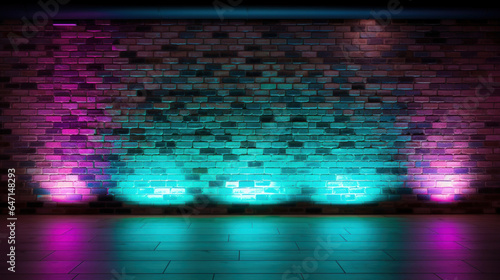 Background of an empty room with brick walls and neon lights iridescent
