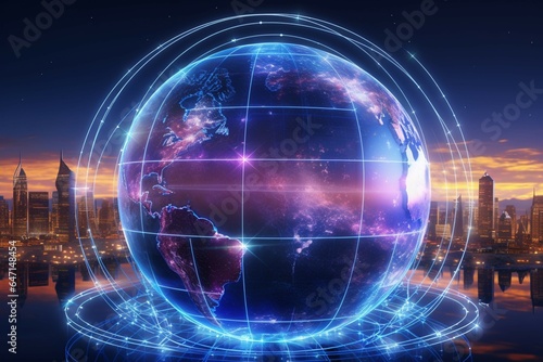 Neon lit globe symbolizes global communication in a stunning 3D illustrative depiction