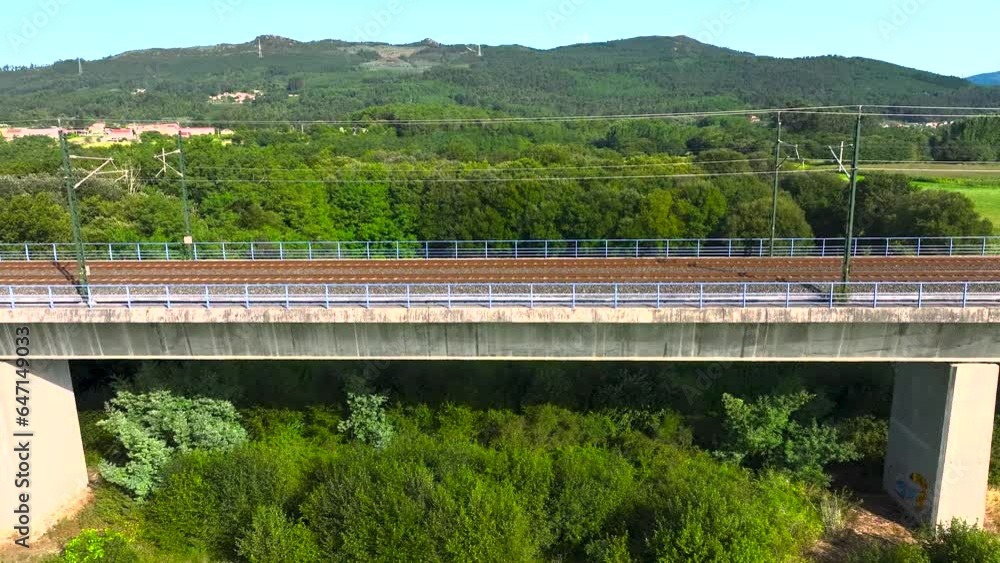 Railroad Bridge Over Dense Vegetation Near Padron, Rois, A Coruna, Spain. Wide Shot Railroad Bridge Over Dense Vegetation Near Padron, Rois, A Coruna, Spain. Wide Shot