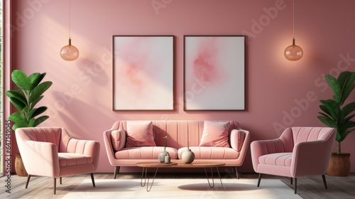 Against a pink stucco wall with a poster frame  pink sofa and armchairs lie next to a pink stucco wall with pink sofas and armchairs. Art deco interior design of modern living room