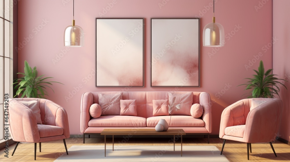 Against a pink stucco wall with a poster frame, pink sofa and armchairs lie next to a pink stucco wall with pink sofas and armchairs. Art deco interior design of modern living room Against a pink stucco wall with a poster frame, pink sofa and armchairs lie next to a pink stucco wall with pink sofas and armchairs. Art deco interior design of modern living room