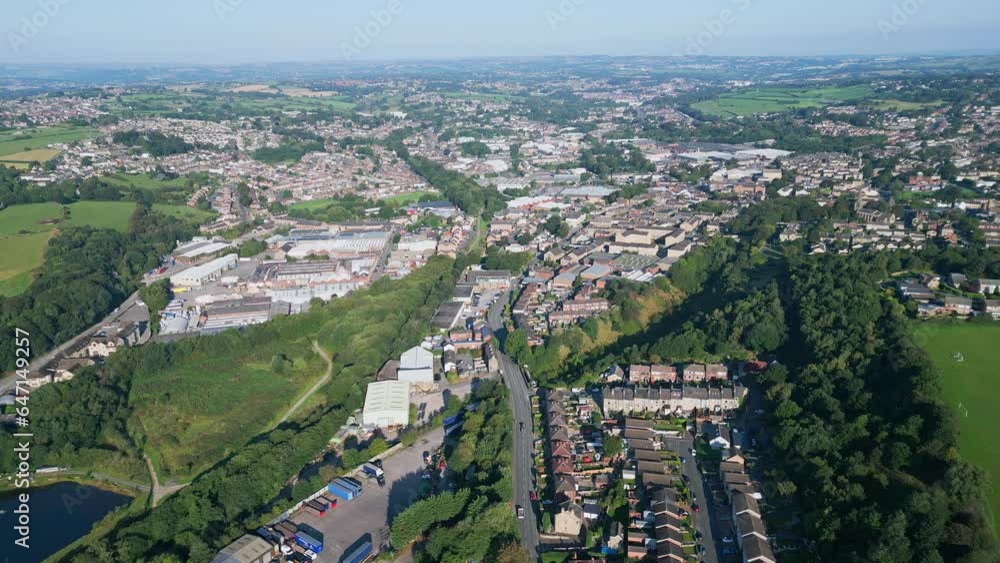 Drone perspective on Heckmondwike, UK: industry, streets, old town, Yorkshire's summer evening atmosphere Drone perspective on Heckmondwike, UK: industry, streets, old town, Yorkshire's summer evening atmosphere