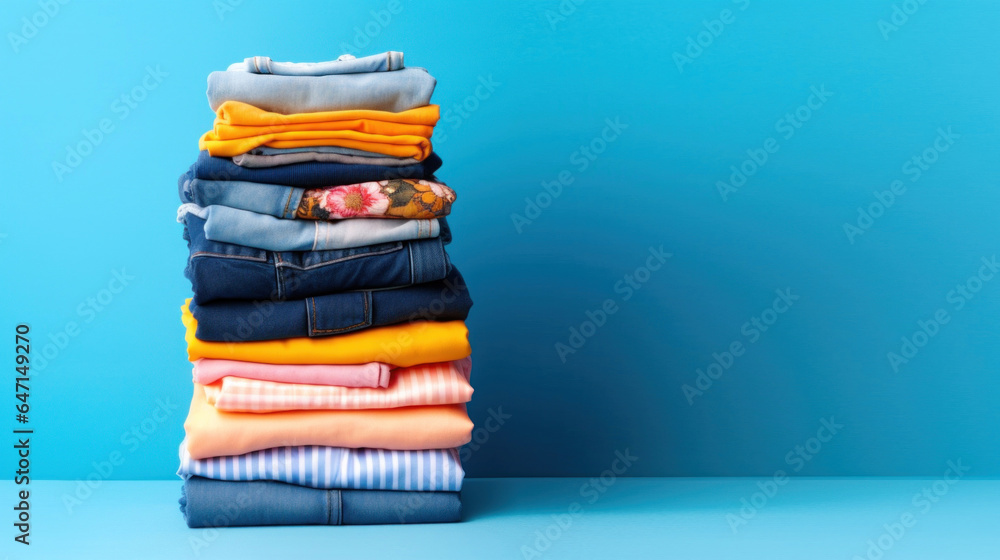 Stack folded colorful clothing summer jeans on blue background - obrazy, fototapety, plakaty 