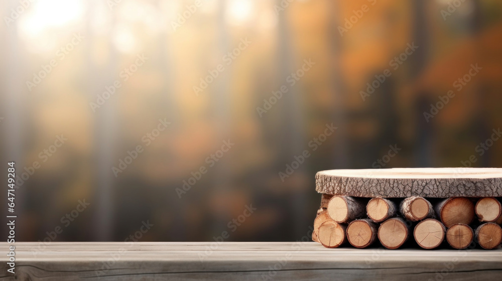 Stack of firewood grey wooden table, autumn bokeh blurred background, copy space