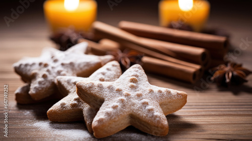 Traditional Christmas cookies: cinnamon, stars and candles on a wooden table © tashechka