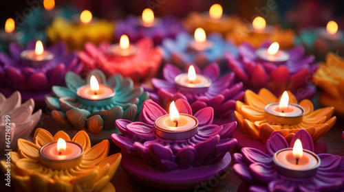 Colorful clay diya lamps with candles adorned with flowers on a purple background