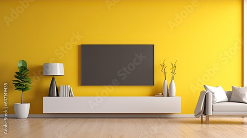 Modern minimalist living room with TV, yellow wall, yellow sofa, yellow wall.